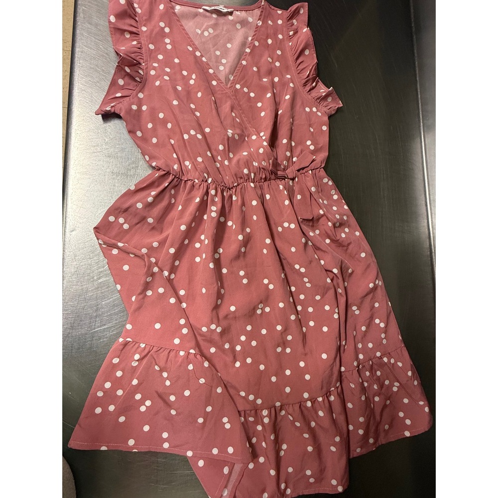 PatPat Womens Polka Dot V-Neck Ruffle Sleeve Mini Dress Mauve Pink Small